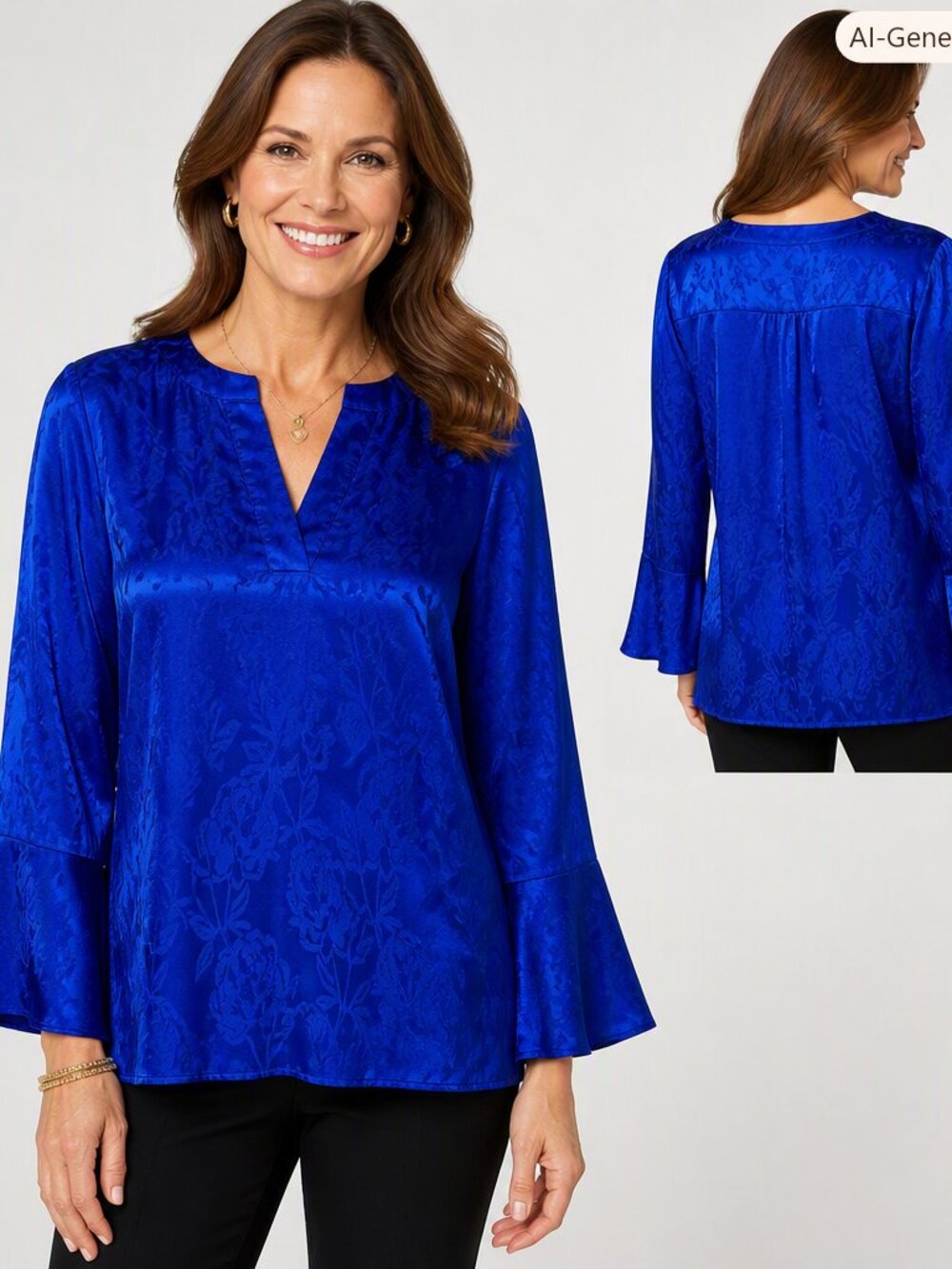 Chico’s Royal Blue Satin Jacquard Blouse Sz 1  Bell Sleeve Quiet Luxury Top
